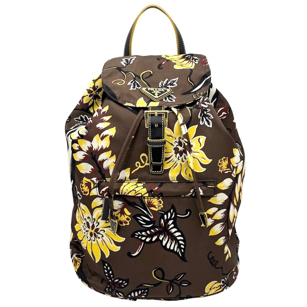 Prada Triangle Floral Backpack Nylon Leather Brow… - image 1